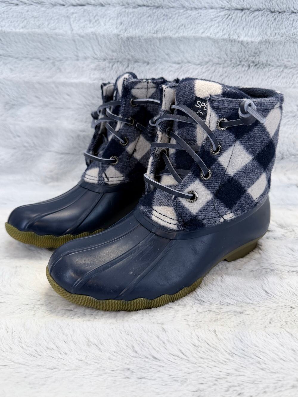 Sperry Kids Saltwater Duck Boots Size 12 Navy White Plaid Wool Rain Boots